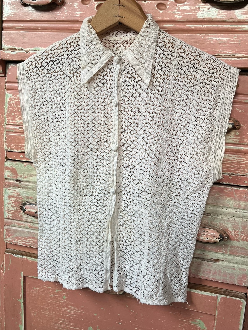 Vintage Antique Art Deco 30s 40s Crochet Cotton Lace Feminine White Blouse Top S